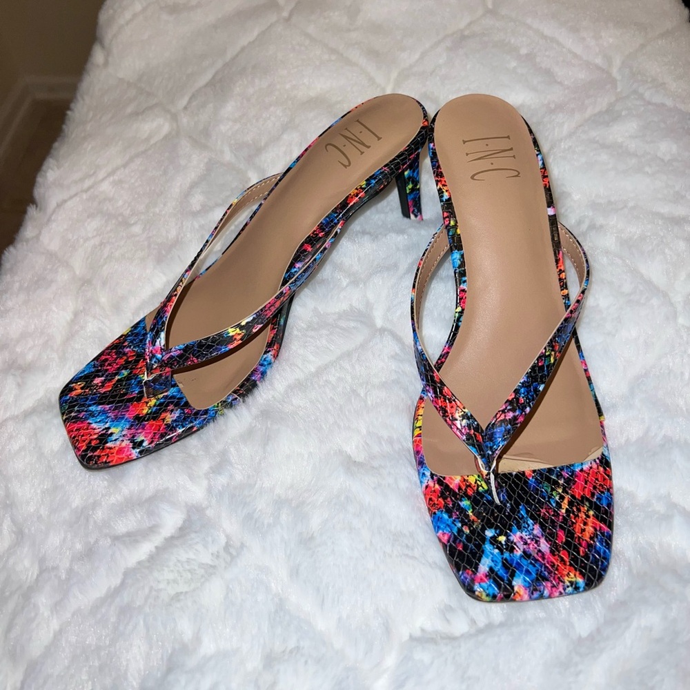 INC Dionne multi color kitten-heel thong sandals. Worn a few times. Size 7.5M.